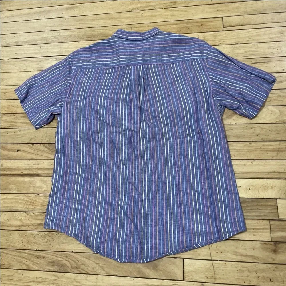 LANDS' END Linen Button Shirt Men L Traditional Fit Blue Vertical Stripe Rainbow